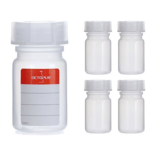 Octopus 5 x 50 ml flessen van LDPE met brede hals met schroefdop, lege chemiefles, laboratoriumflessen met deksel als opbergvak voor laboratorium, keuken of hobby