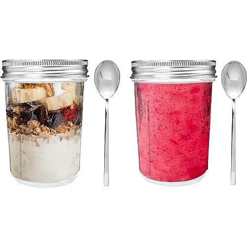 volila Glazen potten voor ontbijt (330 ml) overnight oats potten, voorraadpotten glas, mason jar met luchtdichte deksel en lepel (2 stukjes – zilver) – food container, overnight oats container