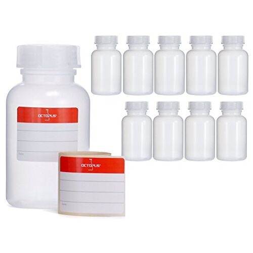 Octopus 10 x 250 ml flessen van LDPE met brede hals met schroefdop, lege chemiefles, laboratoriumflessen met deksel als opbergvak voor laboratorium, keuken of hobby