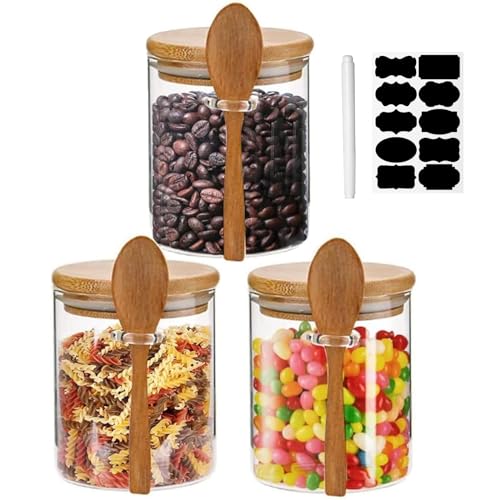 Yalucky Glazen potten, luchtdicht deksel, lepel, voedselopslag, containers, overnight ontbijtcontainers, decoratief, keukenpotten, voor koffie, thee, suiker, specerijen, badzout, 530 ml, 3 stuks