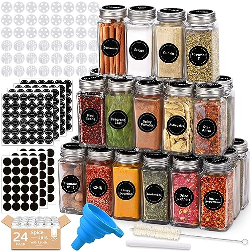 NCKIHRKK 24 Delige Kruidenpotjes Vierkant, 120 ML Kruidenpotjes Kruiden Organiser, Kruidencontainer Glas, Kruidenpotjes met 48 Inzetstukjes, Kruidenpotjes Set met Kruidenetiketten