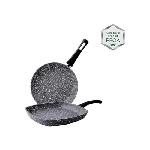 KARACA Gris Bio-graniet grillpan- en pannenset, 2-delig, niet-giftig, 1 x braadpan 26 cm, 1 x grillpan 28 cm, braadpan, pannenkoekenpan, graniet