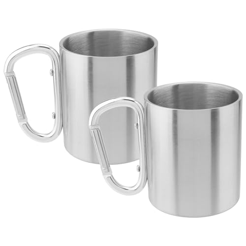 CHUEHKAK 2 stuks campingbekers van roestvrij staal, 220 ml, outdoor beker met karabijnhaak, metalen beker met handvat, voor reizen, kamperen, wandelen, outdoorsporten, 7 x 8 cm, zilver