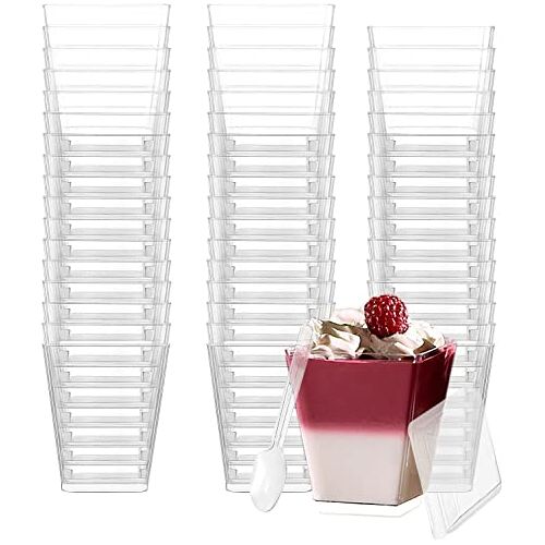 PERMUST 50 stuks dessertbekers, 160 ml, dessertschaalset, met 50 soeplepels, 50 deksels, doe-het-zelf dessertkommen, herbruikbaar, voor mousse, pudding, ijs, buffetten, dessertfeest, picknick