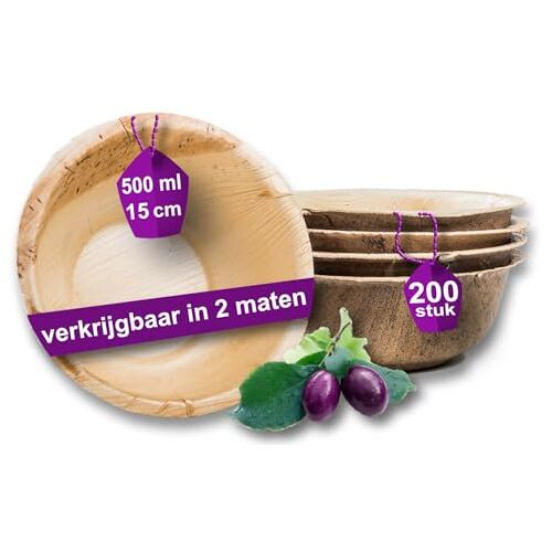 Waipur Bio Palmblad Schaal – 200x Grote Ronde Schaal Ø 15cm / 500 ml Composteerbaar Eersteklas Wegwerp Servies Wegwerpsoepkommen Palmblad Soepkom