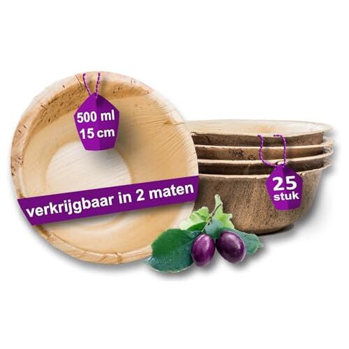 Waipur Bio Palmblad Schaal – 25x Grote Ronde Schaal Ø 15cm / 500 ml Composteerbaar Eersteklas Wegwerp Servies Wegwerpsoepkommen Palmblad Soepkom