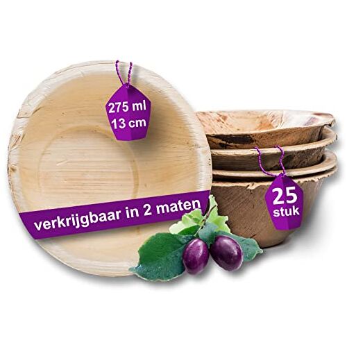 Waipur Bio Palmblad Schaal – 25x Ronde Schaal Ø 13cm / 275 ml Composteerbaar Eersteklas Wegwerp Servies Wegwerpsoepkommen Palmblad Soepkom