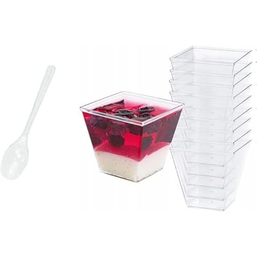 AllBags 50 stuks dessertbekers 60 ml dessertglazen set dessertbekers plastic dessertbekers met 50 stuks lepels herbruikbare dessertglazen plastic voor dessert, pudding mousse, party dessertkommen