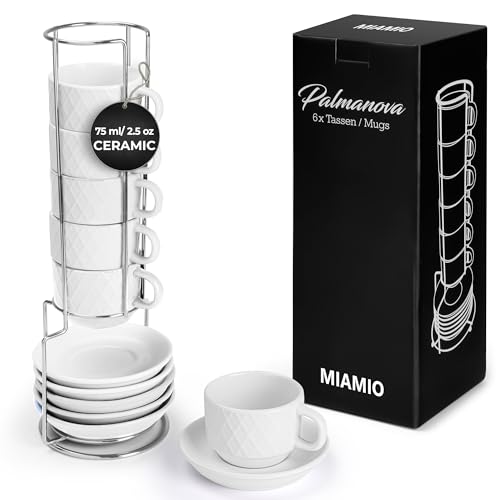 MIAMIO 6 x 75 ml Espressokopjes/espressokopjes set met ruitpatroon keramiek Palmanova collectie (Wit)