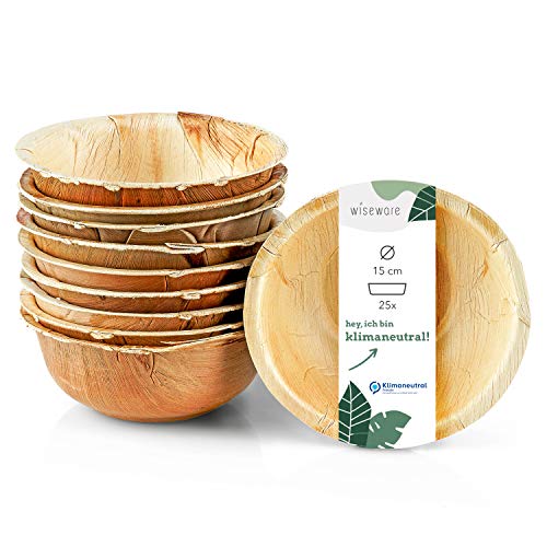 wisefood Wiseware Palmbladschaal, 25 stuks wegwerpkommen, rond, Ø 15 cm, 425 ml, biologisch afbreekbaar palmbladservies, composteerbaar feestservies, biologisch wegwerpservies