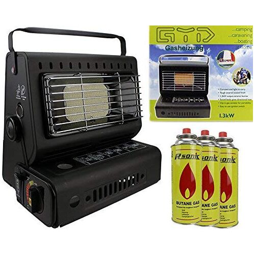 Taiso Camping warmtestraler gaskachel 1,3 kW, met een set van drie gastanks