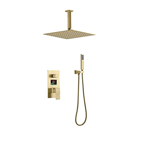 PSDMWVTT Douchekop -PE Regendouche Systeem Digitaal Display Douche Combo Set Plafondgemonteerde Badkamer Douchekraan Set met RVS Douchekop, Handdouche, Ingebouwde Doos, Geborsteld Goud, 25,5 cm