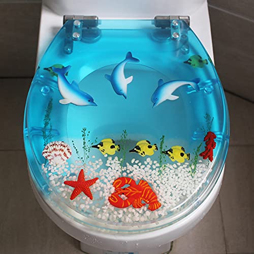 TYXFHSMY Toiletdeksel, Ocean Series Art Slow Close Hars Toiletbril met hoes, 3D-effecten Heavy Duty Toiletdeksel, echte schelpen en zand voor U/V/O-type