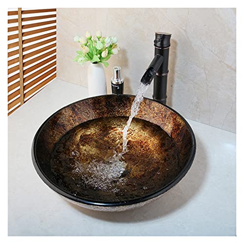 NOALED Wastafels Ronde Glazen Vessel Sink Kraan Glazen Wastafel Set Badkamer Wastafel Badkamer Vessel Sink 16,8"×5,2" Countertop Sink, voor toilet, ijdelheid