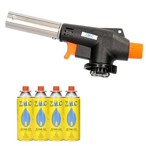 Z.M.C Gasbrander + 4 x gaspatronen, 227 g, vlambrander tot 1300 °C, bunsenbrander 1,3 kW, soldeerbrander, keukenbrander met instelbare vlam, vlammenapparaat, blowtorch branderopzetstuk