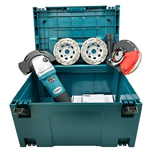 Werkmax MAKITA MakPac Betonslijpmachine, 1100 W, inclusief afzuigkap en 2 x premium diamantslijpmachine