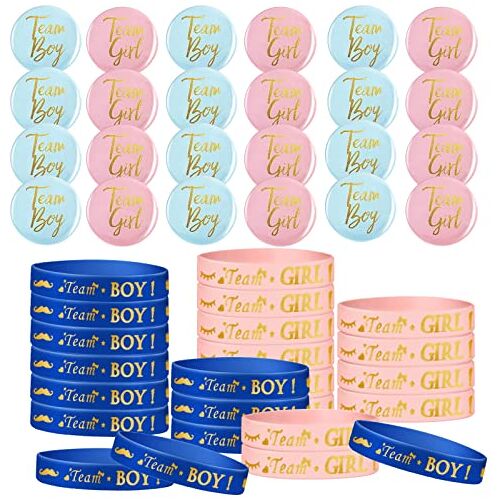 DOMINICK 48 Stuks Geslacht Reveal Set,12 Team Jongen Geslacht Reveal Armband + 12 Team Meisje Geslacht Reveal Armband +24 blauw en roze geslacht open broches voor geslacht reveal party en babyshower