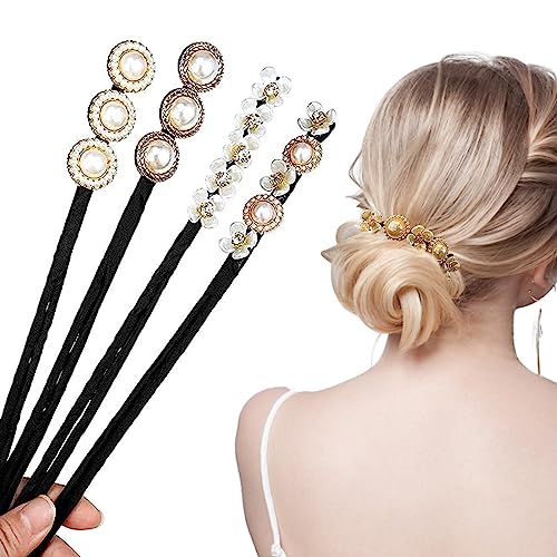 FLAVNTEL 4 Stuks Haarknotmaker Met Parels, Bloemen, Donutmaker, Haarspeld voor Dames, Haarknoop, Haarhouder, Haarstylinggereedschap Set voor Kinderen, Meisjes en Vrouwen