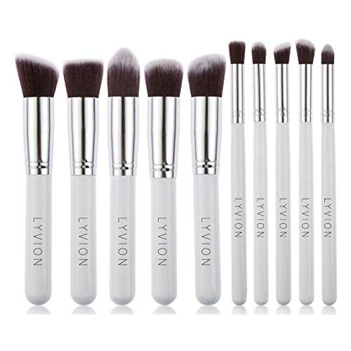 LYVION Make up synthetische kabuki kwasten set/Make up/Make up koffer/Make up set/Make up kwasten/Make up kwasten set 10 delig Wit en zilver