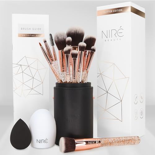 Niré Beauty Artistry Makeup Kwasten Set: veganistische make-upkwasten met make-upkwastenhouder,  make-up spons en kwastenreiniger