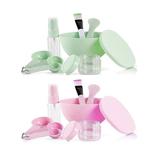 GCOA DIY gezichtsmasker Mixing Bowl Set, Facemask Mixing Tool Kit met Silicon gezichtsmasker borstel gezichtsmasker Bowl Stick Spatel Gauges Puff, (groen & roze,2 Set,9 In 1)