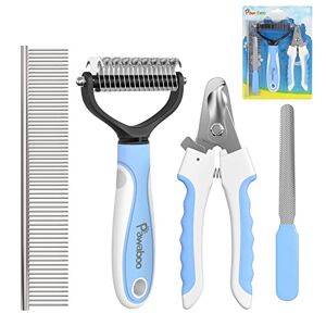 Pawaboo Pet Grooming Brush Kit, 4 in 1 Double Sided Undercoat Rake & Dematting Comb for Shedding Dogs Cats, Pet Nail Clippers Grooming Tool Set Deshedding Brush Remove Mats Tangles, Extra Large