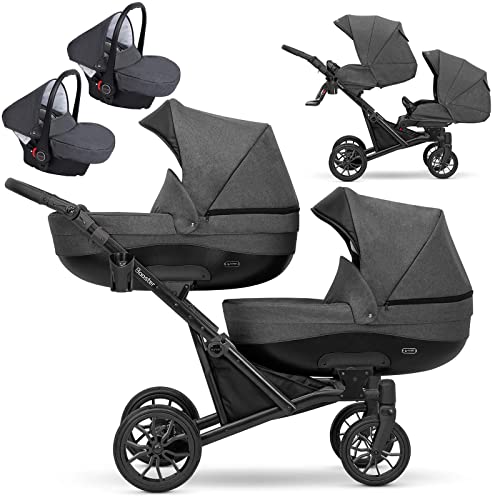 Kunert Booster 3-in-1 kinderwagen, complete set, dubbele kinderwagen, babywagen, 3-in-1 combi-kinderwagen, complete set broers en zussen, kinderwagenset tweelingsbuggy, dubbele kinderwagen (grafiet, 3-in-1)