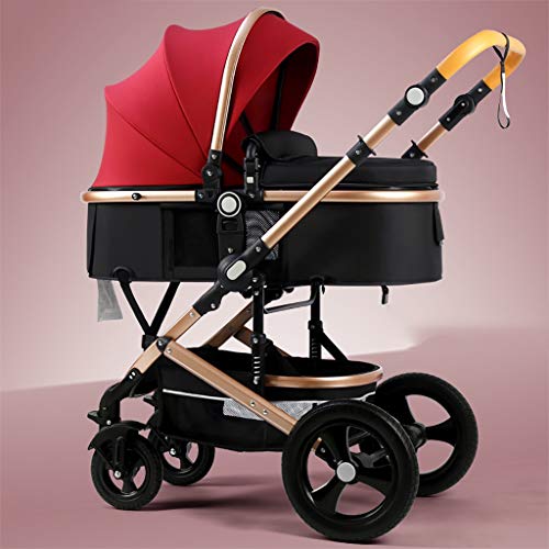 TXTC Kinderwagen kinderwagen kinderwagen kinderwagen, compacte Buggy kinderwagens, draagbare kinderwagen vervoer anti-shock kinderwagen kinderwagen met aluminium frame voor babymeisje, mannelijke baby (maat: gouden buis-rood)