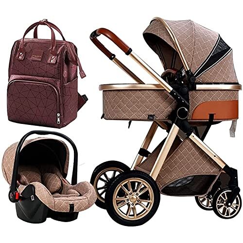 OHaGin Kinderwagen voor pasgeborenen, kinderwagen kinderwagen 2 in 1 babytrolley autostoel kinderwagen, opvouwbare kinderwagen kinderwagen luxe babykinderwagen pasgeboren kinderwagen (kleur: bruin) (bruin)