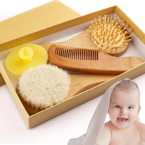 Vegena Babyhaarborstel, set van 4 babyborstels, babyhaarborstel, babyhaarborstel en kam, haarborstel voor baby's, babyhaarborstels voor zuigelingen, kinderen, peuters