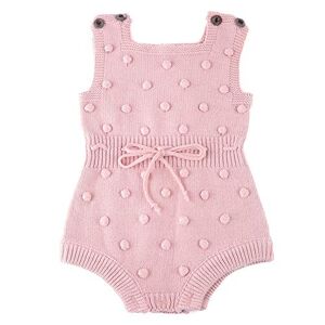 Tnfeeon Toddler Knitted Romper, Cute Cotton Blend Striped Ball Decoration Romper Sleeveless Jumpsuit Bodysuit[66-pink]