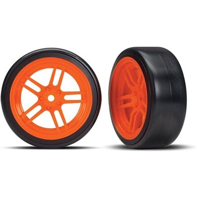 Traxxas - Tires and wheels, assembled, glued (split-spoke orange wheels, 1.9" Drift tires) (front) (TRX-8376A) Traxxas - Tires and wheels, assembled, glued (split-spoke orange wheels, 1.9" Drift tires) (front) (TRX-8376A)