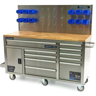 HBM werkbank 158 cm met 10 laden, deur en achterwand, RVS HBM werkbank 158 cm met 10 laden, deur en achterwand, RVS