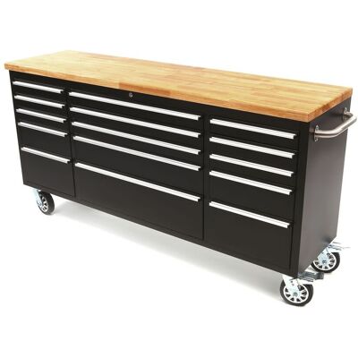 HBM 182 cm Profi Gereedschapswagen / Werkbank met Houten Blad - ZWART HBM 182 cm Profi Gereedschapswagen / Werkbank met Houten Blad - ZWART