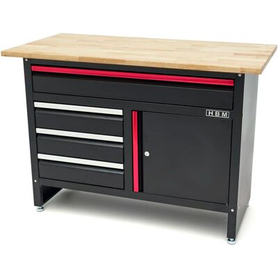HBM 120 cm Werkbank met 4 Laden , 1 Deur en Houten Blad in Zwart HBM 120 cm Werkbank met 4 Laden , 1 Deur en Houten Blad in Zwart