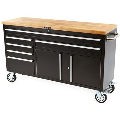 HBM 152 cm Profi Gereedschapswagen / Werkbank met Houten Blad - ZWART HBM 152 cm Profi Gereedschapswagen / Werkbank met Houten Blad - ZWART