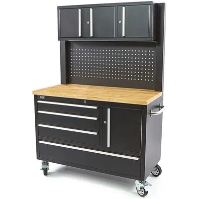 HBM werkbank 122 cm met 4 laden, kastenwand en achterwand, houten werkblad, zwart HBM werkbank 122 cm met 4 laden, kastenwand en achterwand, houten werkblad, zwart