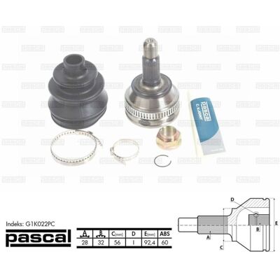 PASCAL G1K022PC Cardanaset voor wielzijde PASCAL G1K022PC Cardanaset voor wielzijde