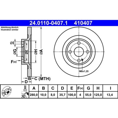 ATE Remschijf - Model 24.0110-0407.1 - Overdekt, 280mm ATE Remschijf - Model 24.0110-0407.1 - Overdekt, 280mm