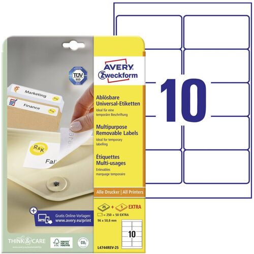 Avery-Zweckform L4744REV-25 Universele etiketten 96 x 50.8 mm Papier Wit 300 stuk(s) Weer verwijderbaar Inkjet, Laser (zwart/wit), Laser (kleur), Kopiëren