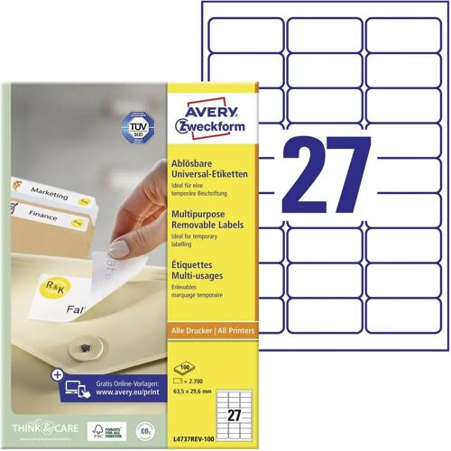 Avery-Zweckform L4737REV-100 Universele etiketten 63.5 x 29.6 mm Papier Wit 2700 stuk(s) Weer verwijderbaar Inkjet, Laser (zwart/wit), Laser (kleur), Kopiëren