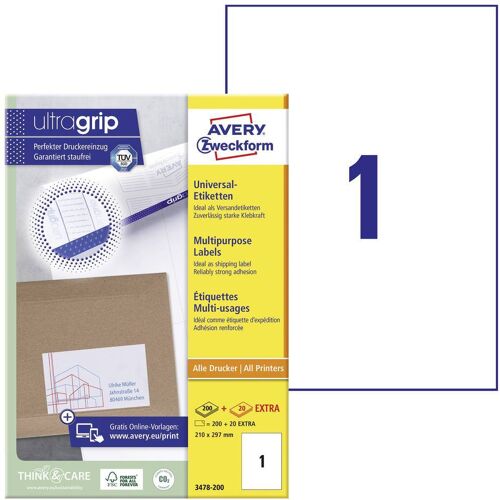 Avery-Zweckform 3478-200 Universele etiketten 210 x 297 mm Papier Wit 200 stuk(s) Permanent hechtend Laser (kleur), Laser (zwart/wit), Kopiëren (kleur),