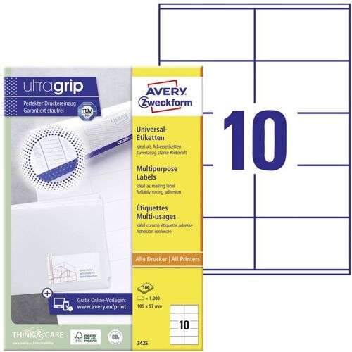 Avery-Zweckform 3425 Universele etiketten 105 x 57 mm Papier Wit 1000 stuk(s) Permanent hechtend Inkjet, Laser (zwart/wit), Laser (kleur), Kopiëren