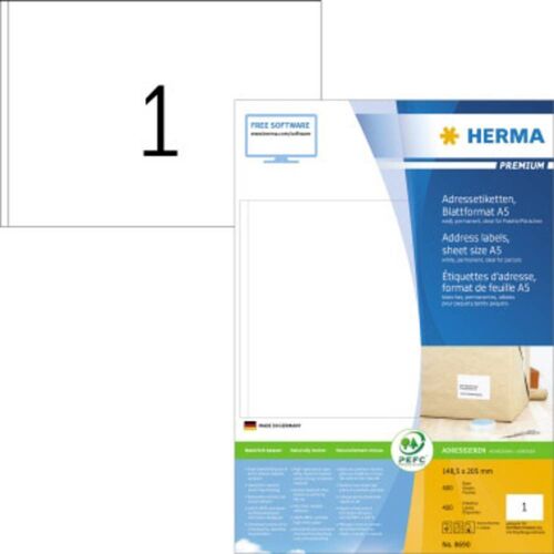 Herma 8690 Adresetiketten 148.5 x 205 mm Papier Wit 400 stuk(s) Inkjet, Laser (zwart/wit), Laser (kleur), Kopiëren (zwart/wit), Kopiëren (kleur), Handschriften