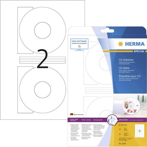 Herma 5079 CD-etiketten Ø 116 mm Papier Wit 50 stuk(s) Permanent hechtend Inkjet, Laser (zwart/wit), Laser (kleur), Kopiëren (zwart/wit), Kopiëren (kleur),