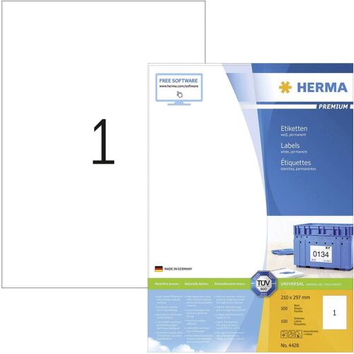 Herma 4428 Universele etiketten 210 x 297 mm Papier Wit 100 stuk(s) Permanent hechtend Inkjet, Laser (zwart/wit), Laser (kleur), Kopiëren (zwart/wit), Kopiëren