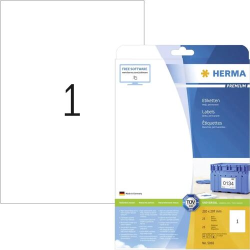 Herma 5065 Universele etiketten 210 x 297 mm Papier Wit 25 stuk(s) Permanent hechtend Inkjet, Laser (zwart/wit), Laser (kleur), Kopiëren (zwart/wit), Kopiëren