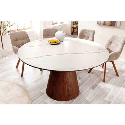 Ronde tafel walnoot zuil wit keramiek marmer look 120cm Ronde tafel walnoot zuil wit keramiek marmer look 120cm