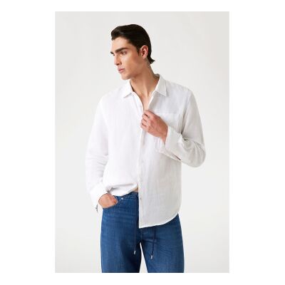 Guessvoor mannen. M5GH73WH3J0 Wit linnen overhemd (S), Casual, Vlas, Lange mouwen Guessvoor mannen. M5GH73WH3J0 Wit linnen overhemd (S), Casual, Vlas, Lange mouwen