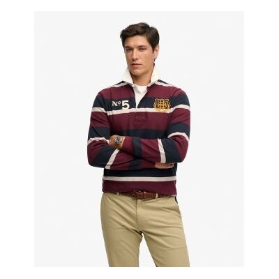 Superdryvoor mannen. M1110483A Bordeauxrode Double Emblem Stripe Rugby poloshirt (L), Casual, Granaatappel, Katoen, Lange mouwen Superdryvoor mannen. M1110483A Bordeauxrode Double Emblem Stripe Rugby poloshirt (L), Casual, Granaatappel, Katoen, Lange mouwen